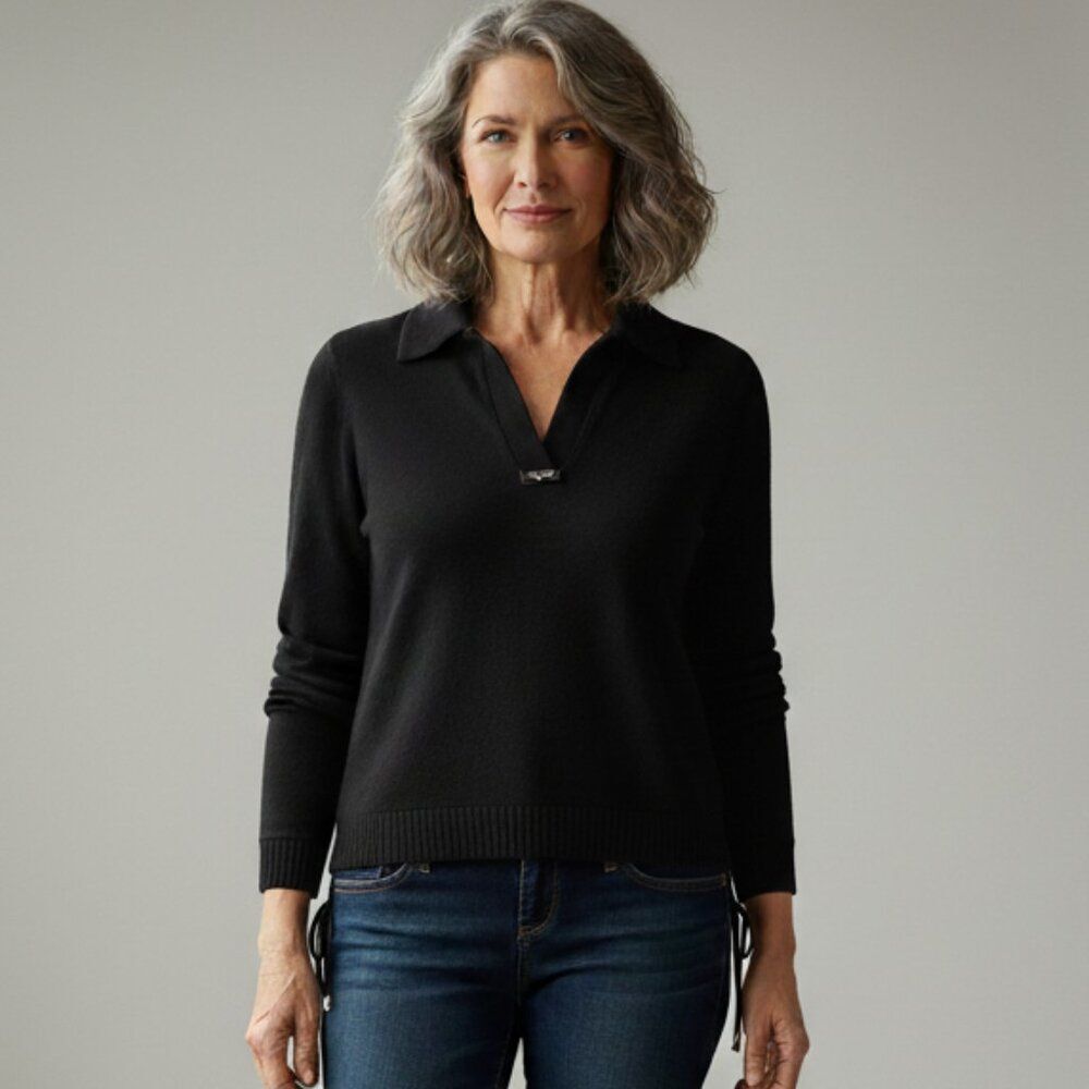 St. John Sport Santana Knit Sweater Pullover Black Collared Flawed Women sz P, 2
